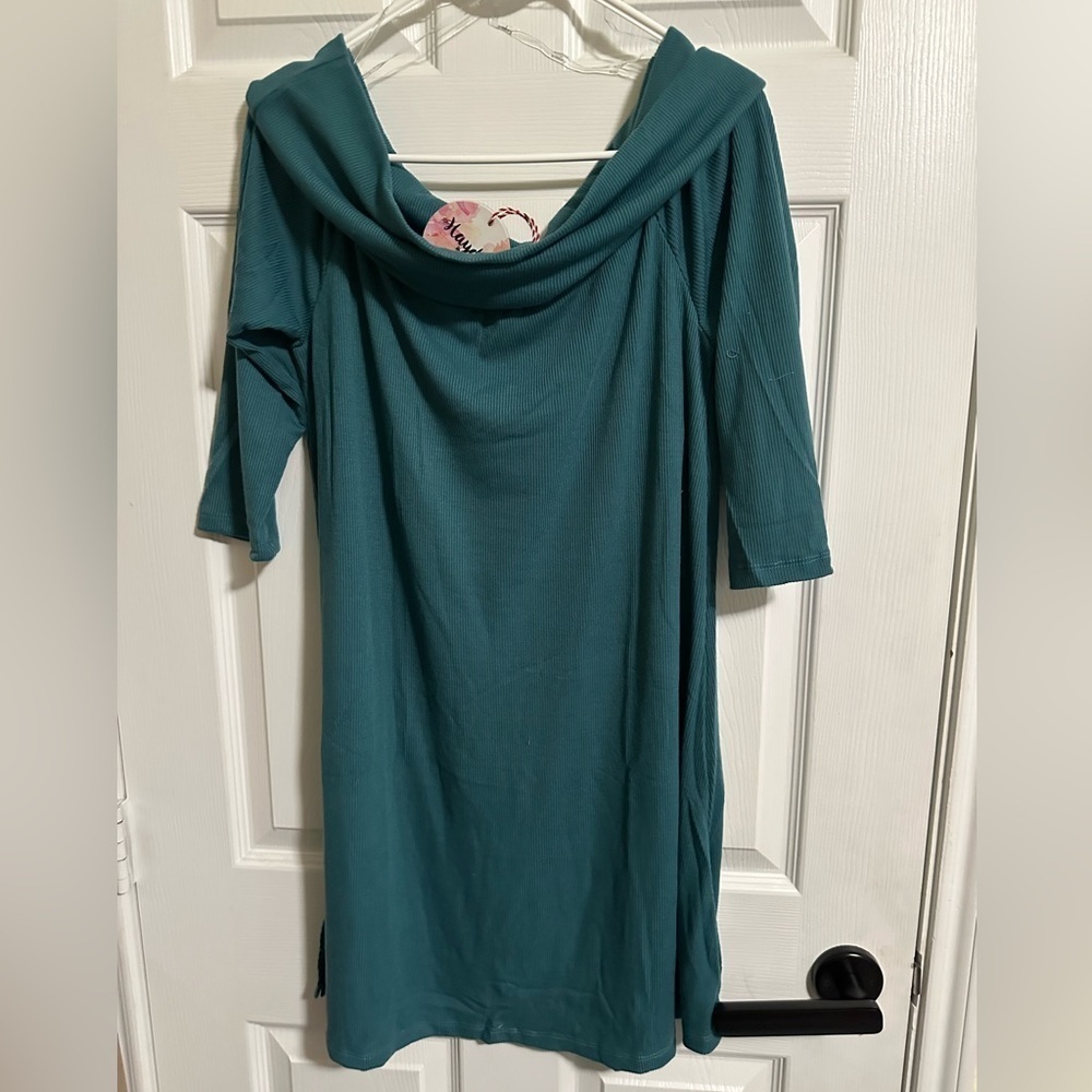 Hayden Off-The-Shoulder Dress 3/4 sleeve Teal Ribbed NWT sizes XL & 2XL